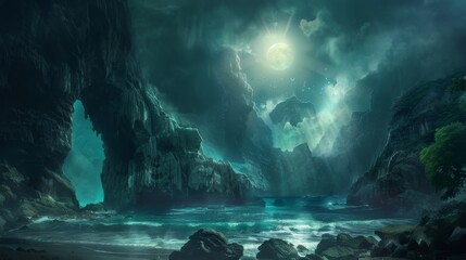 A fantasy cove with hidden treasure, illuminated by moonlight piercing through mist - obrazy, fototapety, plakaty