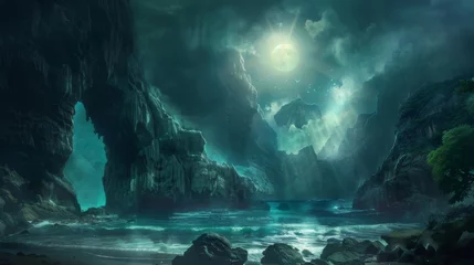 Poster Paysage fantastique A fantasy cove with hidden treasure, illuminated by moonlight piercing through mist