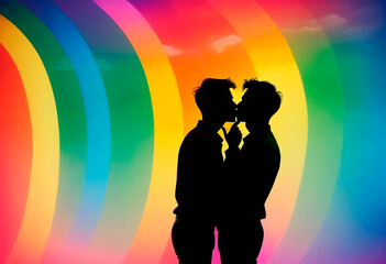Two men interracial kissing silhouette neon rainbow background pride gay poster copyspace - obrazy, fototapety, plakaty