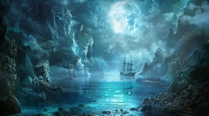 A fantasy cove with hidden treasure, illuminated by moonlight piercing through mist