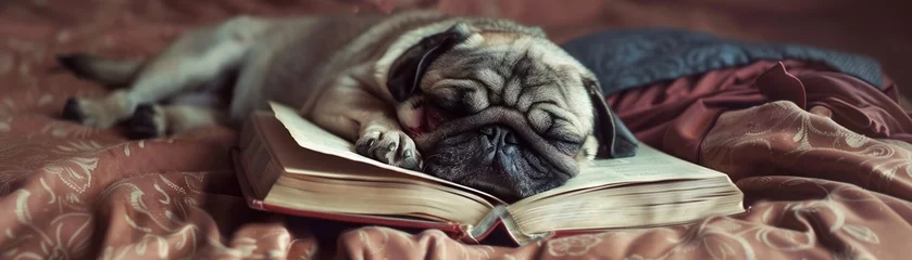 Fotobehang A pug sleeps on its back a book covering its face and drool escaping its mouth in a cozy nap scene , ultra-detailed © ItziesDesign