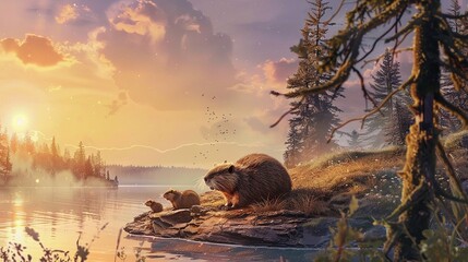 Animated beavers building a dam sunrise background low angle watercolor style whimsical , ultra-detailed
