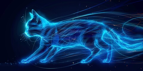 Obraz premium Linework Illustration Blue Neon Cat with Streamlines moving fast Datastreams created with Generative AI Technology