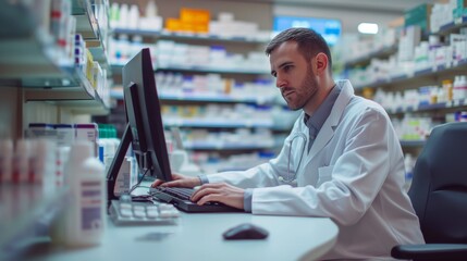 Fototapeta na wymiar Portrait of pharmacist working in a drug store