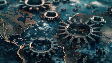 World and gears symbolizing global interaction, harmony, and movement.
