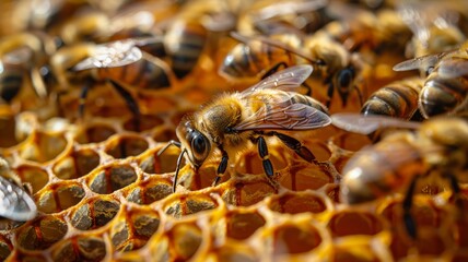 Intricate detail of honeybees at work on a golden honeycomb