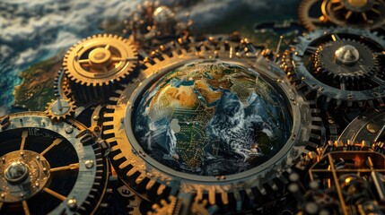 World and gears symbolizing global interaction, harmony, and movement.