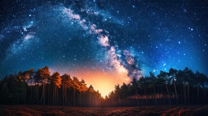 The Milky Way stars rising above trees. - obrazy, fototapety, plakaty
