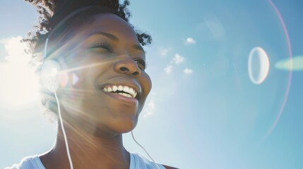 Naklejka premium Radiant young woman enjoying music on her headphones during a refreshing outdoor workout, embodying positive energy and a healthy lifestyle - AI generated