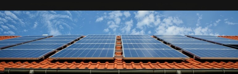 The roof and solar panels showcase sustainable energy and eco-friendly living. - obrazy, fototapety, plakaty