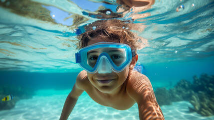 Naklejka premium Summer fun. Underwater boy snorkeling on a tropical beach, looking at the camera and smiling.