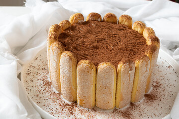 Tiramisu cake with a rim of ladyfingers or savoiard biscuits an white background.