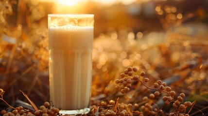 A tall glass of soy milk basks in the golden sunlight amid nature