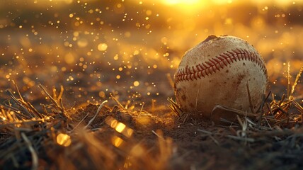 Fototapeta na wymiar Vintage baseball in the field with a magical sunset dust sparkle