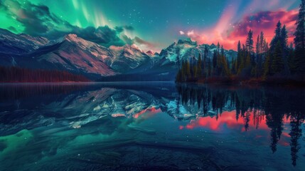The reflection of the Aurora Borealis on lake, displaying colorful lights shimmering on the surface