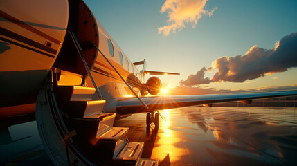 Luxury Private Jet Awaits Departure at Sunset on Tarmac - obrazy, fototapety, plakaty