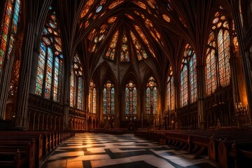 A grand cathedral illuminated by the soft glow of dawn, its intricate stained glass windows aglow. - obrazy, fototapety, plakaty