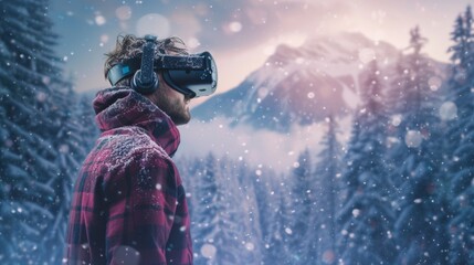 A male is in a virtual fantasy world with snow mountain forest when wearing VR headset.
