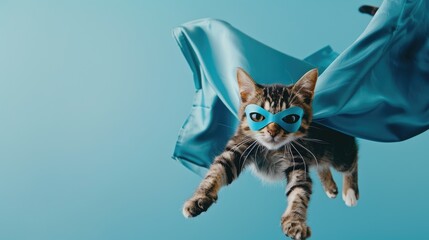 Adventurous ginger cat heroically posing with a flowing cape and mask against a sky-blue background, embodying whimsical pet fun - AI generated