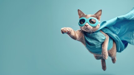 Adventurous ginger cat heroically posing with a flowing cape and mask against a sky-blue background, embodying whimsical pet fun - AI generated