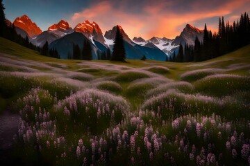 A pristine alpine meadow bathed in the soft glow of dawn, surrounded by majestic peaks. - obrazy, fototapety, plakaty