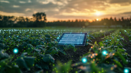 Futuristic agricultural technology concept with digital tablet and interface to control farm operations, Represent modern agricultural innovations and modern farming that uses technology for future