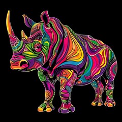 Fototapeta premium Rhinoceros colourful neon art design vector illustration on a black background.