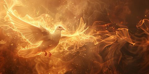 A representation of the New Testament Holy Spirit in flames with a winged dove, with copy space. Ideal for religious concepts and Christian faith-related content. - obrazy, fototapety, plakaty