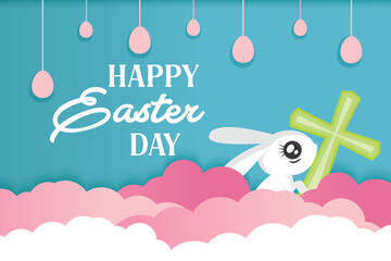 Easter Day greeting card in paper-style blue and pink colors