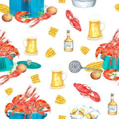 Seafood seamless pattern. Crawfish Boil, Shrimps, Seafood Fish, Mediterranean Kitchen Illustration, digital paper, printable poster. Hand painted in watercolor.
