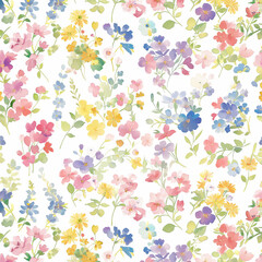 A delicate watercolor pattern of assorted blooms and foliage in pastel hues.