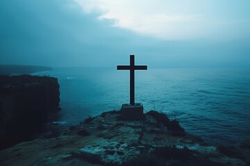 A dramatic image of a cross silhouette at the edge of a cliff, overlooking a vast ocean, symbolizing contemplation and horizon-expanding faith.