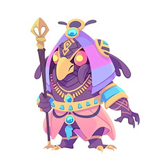 An illustration of a black bird-man holding a staff in an Egyptian style