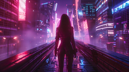 A woman walking on an elevated platform in a cyberpunk city with bright neon signs and futuristic architecture - obrazy, fototapety, plakaty