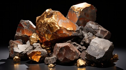 A pile of rocks with gold and black stones - obrazy, fototapety, plakaty