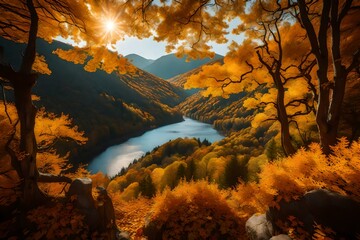 A tranquil valley nestled between mountains, blanketed in a sea of golden autumn foliage.