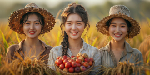 Three Chinese women wearing hats are standing together, in a rice field, each holding a basket...