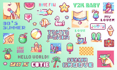 Pixel Art Cute Summer Party Set. 8 bit Vintage Video Game Style Decorations Set Like Summer Tropical Cocktails, Toys, Palm tree, Fashion Patterns, Vacation and Sea Icons. Vector Cute Pixel Stickers.
