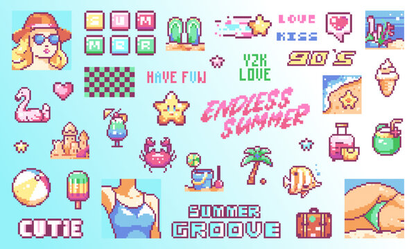 Retro Summer Pixel Art Sticker Collection: 8 Bit Game Style Icons of Fashion accessories, Sunglasses, Hat, ice cream, Sunset, Palm Tree, Crab, Flamingo, Tropical, Cocktail, Beauty Woman in Swimsuit.