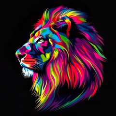 Lion face side view colourful neon art design vector illustration on a black background.