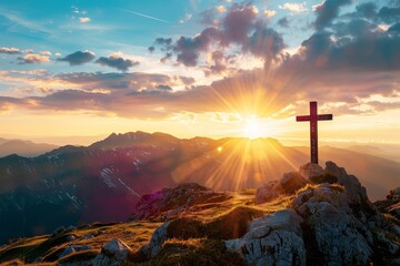 A powerful image of a cross silhouette on a mountain peak, representing strength and achievement in faith - obrazy, fototapety, plakaty