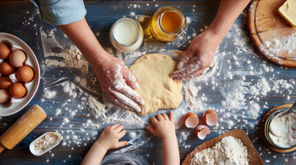 A child and adult knead dough together on a flour-dusted surface with baking ingredients around.