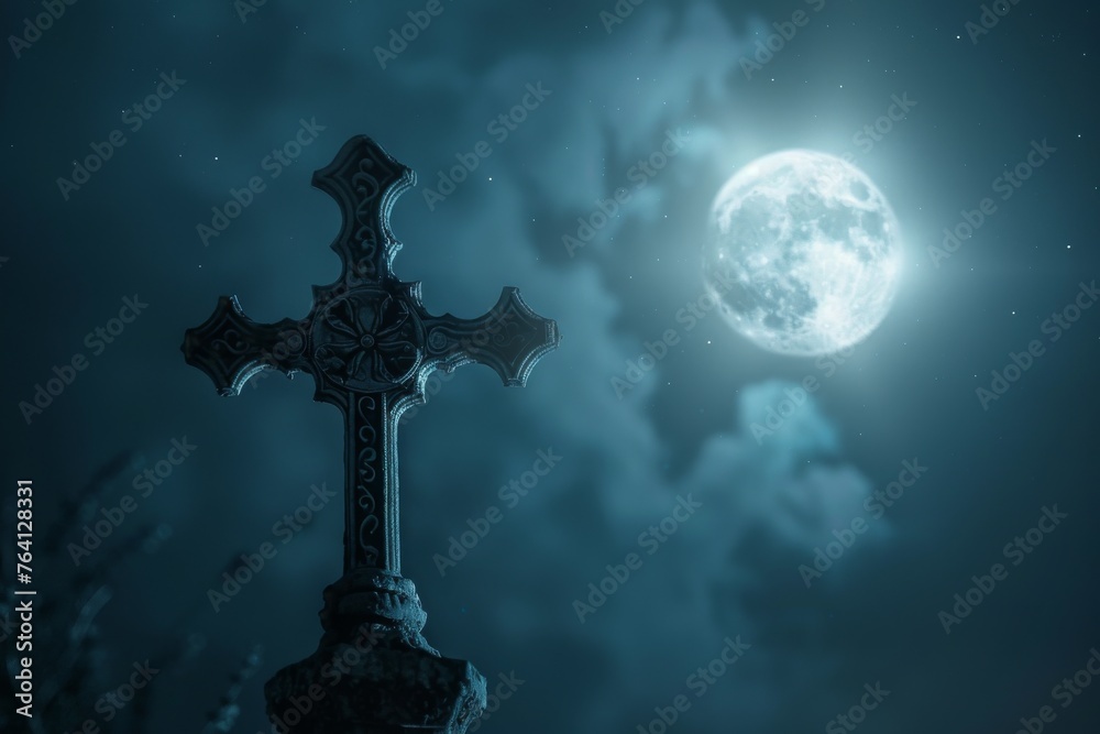 Wall mural a single, detailed silhouette of a cross with intricate patterns, set against a full moon night sky.