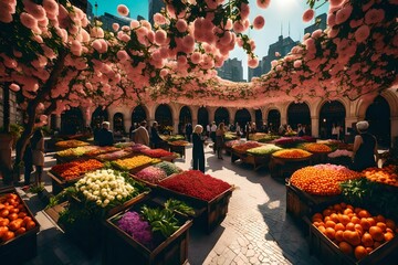 A city plaza alive with vibrant flower markets, harmonizing nature's colors with modern architecture. - obrazy, fototapety, plakaty