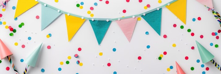 Colorful paper bunting flags strung up for a celebration, with a minimalist design on a clean white background - AI generated - obrazy, fototapety, plakaty