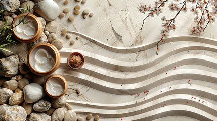 An elegant spa composition with organic creams, smooth stones, raked sand patterns, and cherry blossoms.