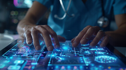 A healthcare professional is interacting with a futuristic digital tablet displaying medical data.