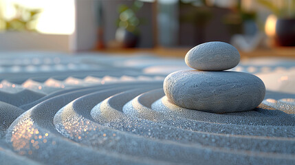 Two balanced zen stones on meticulously raked sand bathed in the warm glow of morning sunlight. - obrazy, fototapety, plakaty
