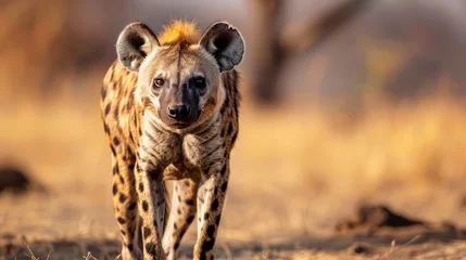 Foto op Canvas Spotted hyena standing in a golden savannah under the soft light of morning © thanakrit