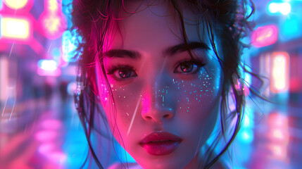 An entrancing portrait of a young woman adorned with neon makeup against a lit, colorful urban backdrop